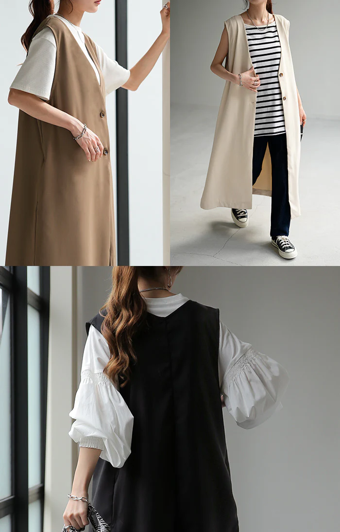 ベスト ジレ ロングベスト トップス 薄手 ロングジレ 前開き レイヤード スリット ロング 体型カバー ノーカラ― Vネック 深V ノースリーブ お尻が隠れる アウター 羽織 きれいめ おしゃれ 大きいサイズ フォーマル ホワイト ブラック 黒 春 夏 HUG.U メール便 - Image 16