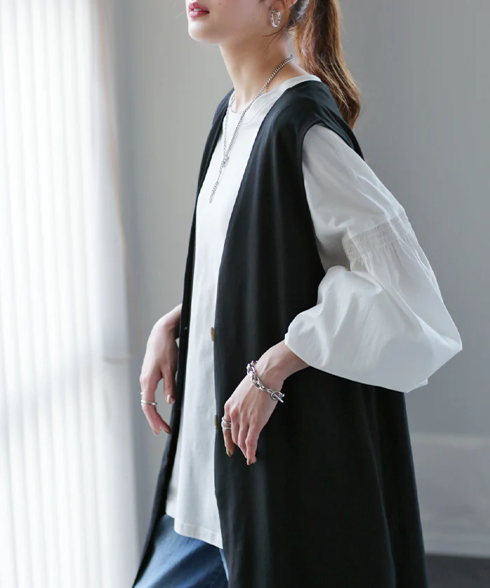 ベスト ジレ ロングベスト トップス 薄手 ロングジレ 前開き レイヤード スリット ロング 体型カバー ノーカラ― Vネック 深V ノースリーブ お尻が隠れる アウター 羽織 きれいめ おしゃれ 大きいサイズ フォーマル ホワイト ブラック 黒 春 夏 HUG.U メール便 - Image 21