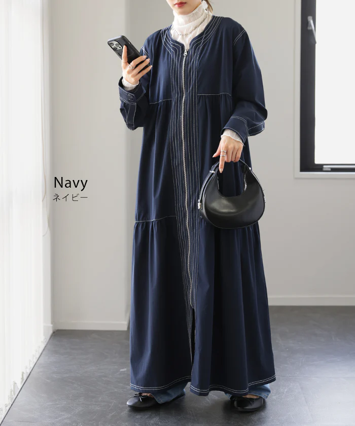 きっと虜になる。素材感「一枚でお洒落」 ティアード ワンピース レディース ロング ロングワンピース マキシ ティアードワンピ Aライン ファスナー 体型カバー 長袖 ステッチ ロングワンピ 伸縮 ナイロン 大きいサイズ きれいめ 羽織 春 夏 HUG.U - Image 12