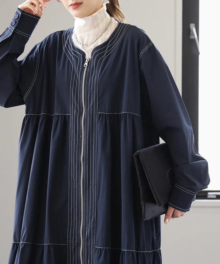 きっと虜になる。素材感「一枚でお洒落」 ティアード ワンピース レディース ロング ロングワンピース マキシ ティアードワンピ Aライン ファスナー 体型カバー 長袖 ステッチ ロングワンピ 伸縮 ナイロン 大きいサイズ きれいめ 羽織 春 夏 HUG.U - Image 15