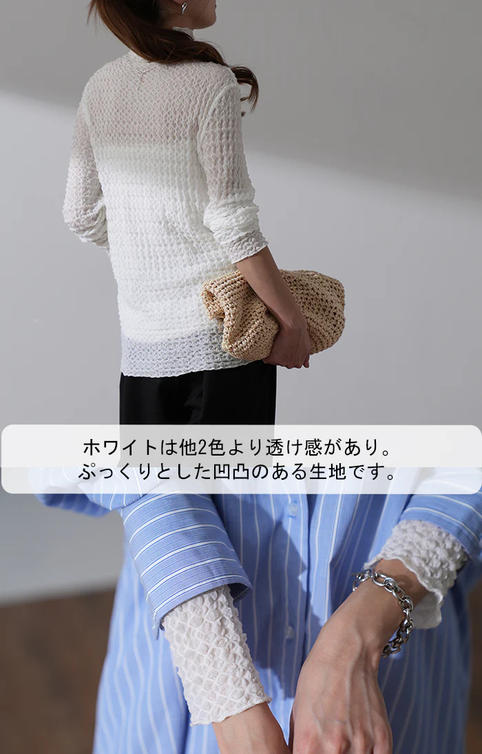 柔らか伸びる「しぼ感」シアーインナー シースルー トップス レディース シアー シアートップス レイヤード ハイネック インナー 長袖 透け 重ね着 薄手 タートル きれいめ 体型カバー 大きいサイズ ストレッチ タートルネック 黒 白 春 夏 HUG.U メール便 - Image 15
