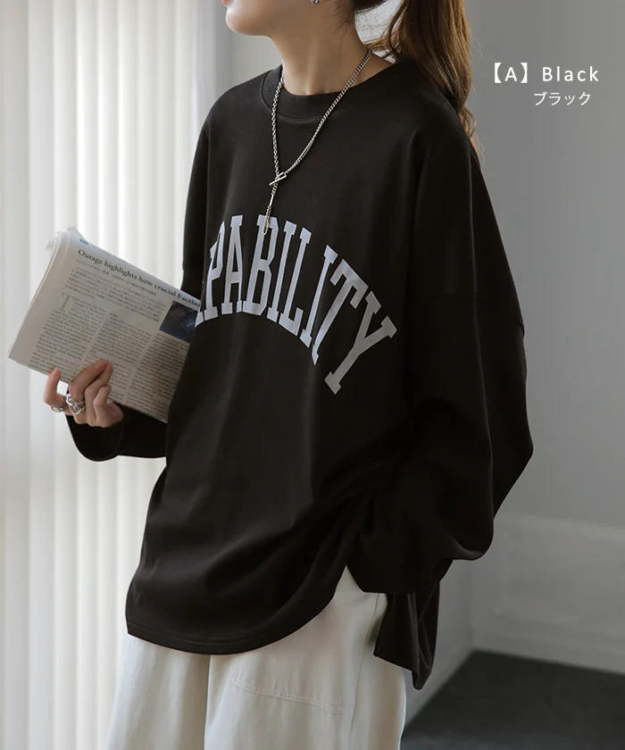 ロゴT 「理想の オーバーサイズ」ロゴ ロンT ■一部7月中旬入荷 レディース カットソー 長袖 Tシャツ ロング チュニック ビッグ プリント 二の腕カバー ドルマン 大きいサイズ きれいめ トップス 体型カバー 大人 お洒落 黒 白 春 夏 HUG.U メール便 - Image 9