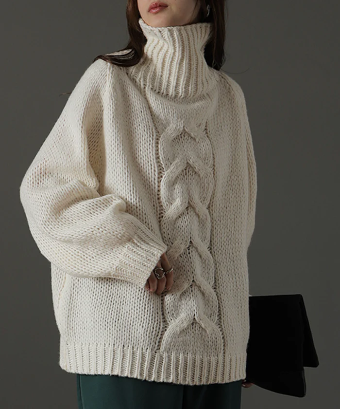ざっくり「手 編 み」 ハンドメイド ニット タートルネック タートルニット レディース セーター トップス ケーブル ケーブルニット 長袖 ハイネック ハイネックニット 肉厚 体型カバー タートル ゆったり 畦編み ぽわん袖 春 夏 HUG.U - Image 26