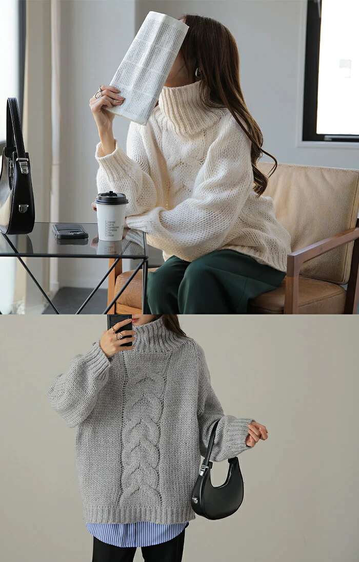 ざっくり「手 編 み」 ハンドメイド ニット タートルネック タートルニット レディース セーター トップス ケーブル ケーブルニット 長袖 ハイネック ハイネックニット 肉厚 体型カバー タートル ゆったり 畦編み ぽわん袖 春 夏 HUG.U - Image 3