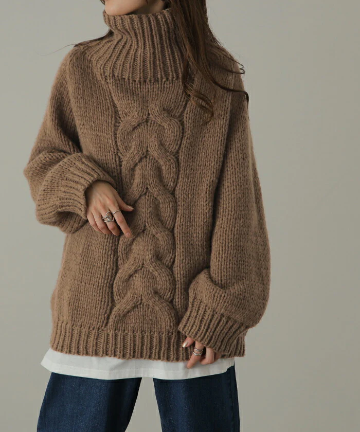 ざっくり「手 編 み」 ハンドメイド ニット タートルネック タートルニット レディース セーター トップス ケーブル ケーブルニット 長袖 ハイネック ハイネックニット 肉厚 体型カバー タートル ゆったり 畦編み ぽわん袖 春 夏 HUG.U - Image 7
