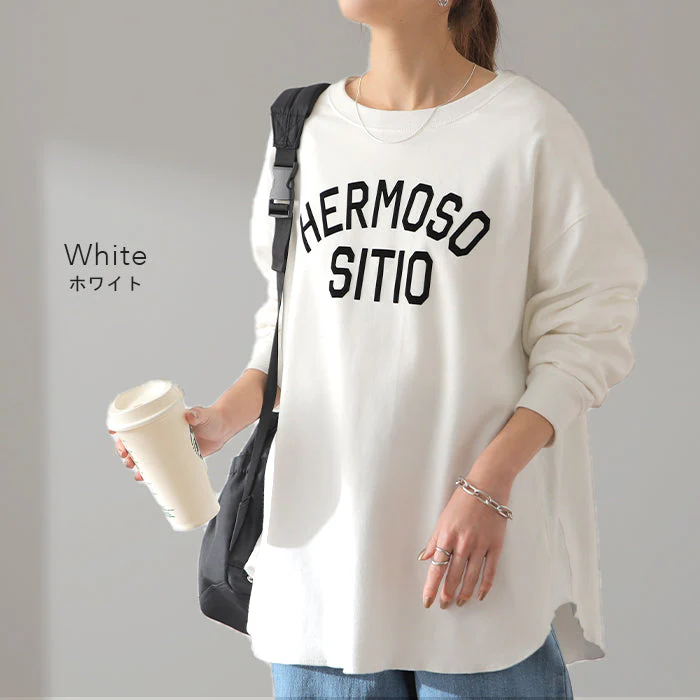 ロゴ ゆったり 「大人 お洒落 ロンT」 綿 レディース カットソー ロゴT ロゴティー 長袖 Tシャツ ロング チュニック ビッグ プリント ドルマン 大きいサイズ きれいめ 体型カバー シンプル お尻が隠れる 黒 白 春 夏 HUG.U メール便 - Image 129