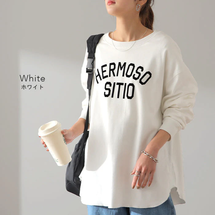 ロゴ ゆったり 「大人 お洒落 ロンT」 綿 レディース カットソー ロゴT ロゴティー 長袖 Tシャツ ロング チュニック ビッグ プリント ドルマン 大きいサイズ きれいめ 体型カバー シンプル お尻が隠れる 黒 白 春 夏 HUG.U メール便 - Image 143