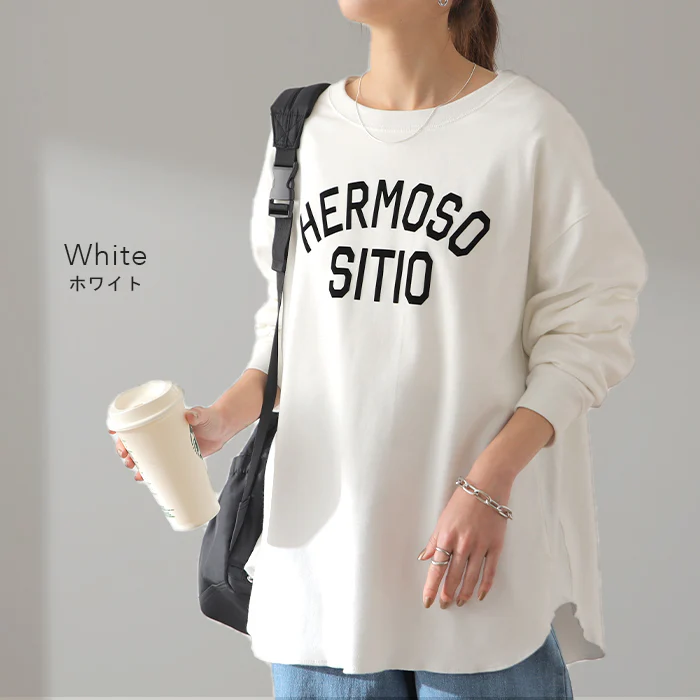 ロゴ ゆったり 「大人 お洒落 ロンT」 綿 レディース カットソー ロゴT ロゴティー 長袖 Tシャツ ロング チュニック ビッグ プリント ドルマン 大きいサイズ きれいめ 体型カバー シンプル お尻が隠れる 黒 白 春 夏 HUG.U メール便 - Image 213