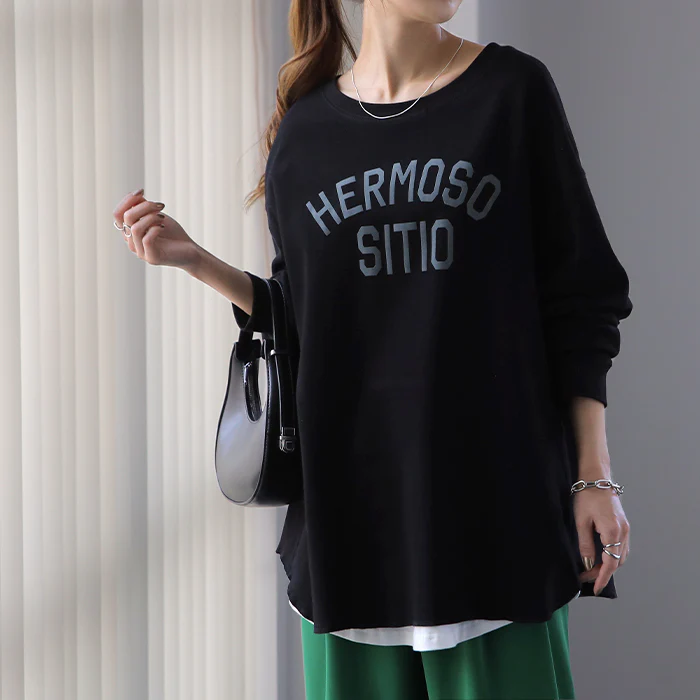 ロゴ ゆったり 「大人 お洒落 ロンT」 綿 レディース カットソー ロゴT ロゴティー 長袖 Tシャツ ロング チュニック ビッグ プリント ドルマン 大きいサイズ きれいめ 体型カバー シンプル お尻が隠れる 黒 白 春 夏 HUG.U メール便 - Image 228