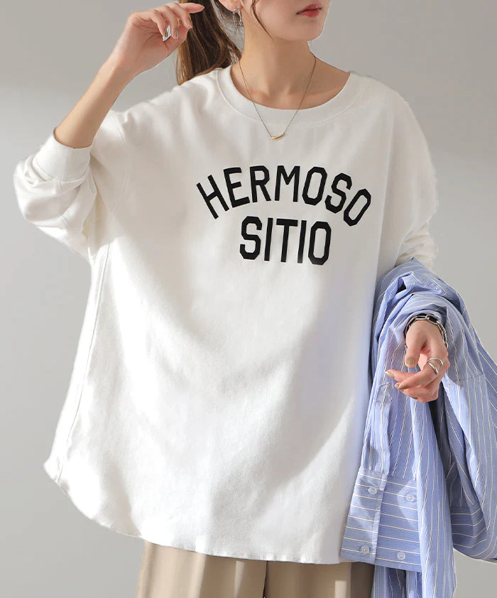 ロゴ ゆったり 「大人 お洒落 ロンT」 綿 レディース カットソー ロゴT ロゴティー 長袖 Tシャツ ロング チュニック ビッグ プリント ドルマン 大きいサイズ きれいめ 体型カバー シンプル お尻が隠れる 黒 白 春 夏 HUG.U メール便 - Image 36
