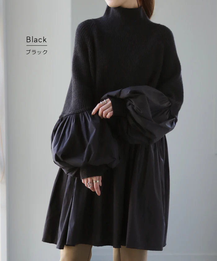 360度大人可愛い。ぽわん袖 ニット×プリーツ ドッキング トップス プルオーバー タートルニット レディース セーター チュニック ブラウス 長袖 ボリュームスリーブ タートル 大きいサイズ 体型カバー お尻が隠れる きれいめ 黒 春 夏 HUG.U - Image 21