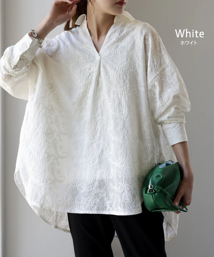 贅 沢 刺 繍 シアー ドルマン シャツ レディース チュニック トップス 刺繍 オーバーサイズ ロングシャツ 長袖 薄手 スキッパー 花柄 ロング レース シースルー 体型カバー きれいめ シアー 大きいサイズ ブラック 黒 白 春 夏 HUG.U メール便 - Image 13