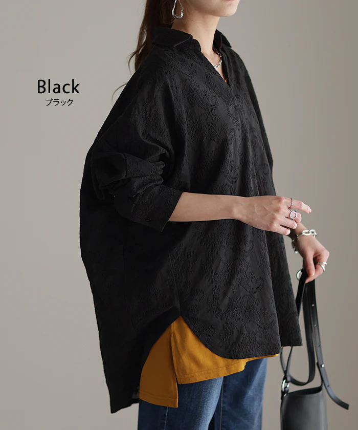 贅 沢 刺 繍 シアー ドルマン シャツ レディース チュニック トップス 刺繍 オーバーサイズ ロングシャツ 長袖 薄手 スキッパー 花柄 ロング レース シースルー 体型カバー きれいめ シアー 大きいサイズ ブラック 黒 白 春 夏 HUG.U メール便 - Image 14
