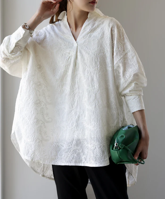 贅 沢 刺 繍 シアー ドルマン シャツ レディース チュニック トップス 刺繍 オーバーサイズ ロングシャツ 長袖 薄手 スキッパー 花柄 ロング レース シースルー 体型カバー きれいめ シアー 大きいサイズ ブラック 黒 白 春 夏 HUG.U メール便 - Image 27