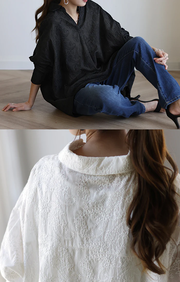 贅 沢 刺 繍 シアー ドルマン シャツ レディース チュニック トップス 刺繍 オーバーサイズ ロングシャツ 長袖 薄手 スキッパー 花柄 ロング レース シースルー 体型カバー きれいめ シアー 大きいサイズ ブラック 黒 白 春 夏 HUG.U メール便 - Image 8