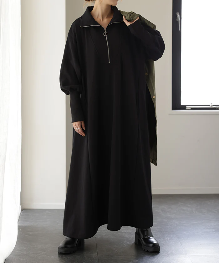 1番お洒落。「ハーフジップ」 スウェット ワンピ ワンピース ロングワンピース レディース ロング ロングワンピ マキシ Aライン 長袖 スエット トレーナー パーカーワンピース ジップ ぽわん袖 二の腕カバー 大きいサイズ グレー 黒 春 夏 HUG.U - Image 27