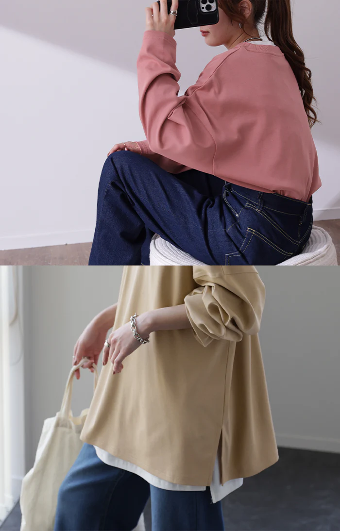 ロンT 「究極ルーズ」 レディース カットソー ティーシャツ 無地 長袖 Tシャツ ロング チュニック ビッグ ドルマン 大きいサイズ きれいめ ゆる トップス ドルマン Uネック 長い 体型カバー 大人 お洒落 グリーン 白 春 夏 HUG.U メール便 - Image 11