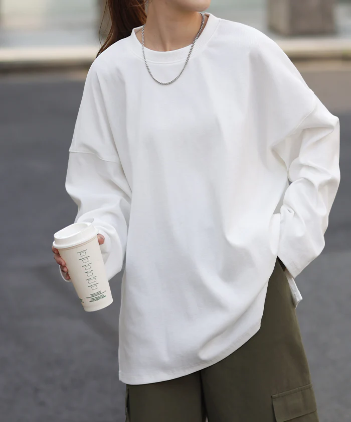 ロンT 「究極ルーズ」 レディース カットソー ティーシャツ 無地 長袖 Tシャツ ロング チュニック ビッグ ドルマン 大きいサイズ きれいめ ゆる トップス ドルマン Uネック 長い 体型カバー 大人 お洒落 グリーン 白 春 夏 HUG.U メール便 - Image 39