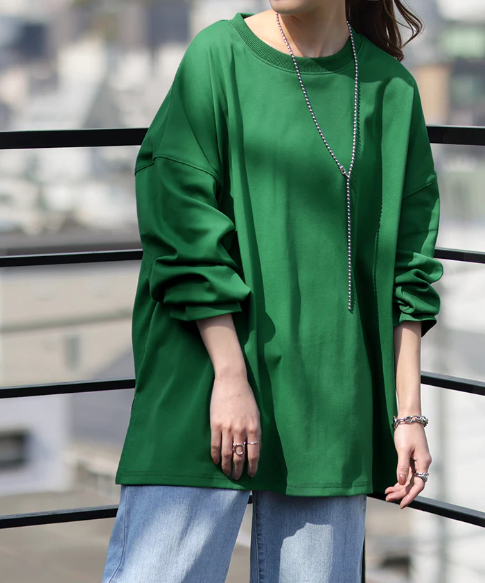ロンT 「究極ルーズ」 レディース カットソー ティーシャツ 無地 長袖 Tシャツ ロング チュニック ビッグ ドルマン 大きいサイズ きれいめ ゆる トップス ドルマン Uネック 長い 体型カバー 大人 お洒落 グリーン 白 春 夏 HUG.U メール便 - Image 6