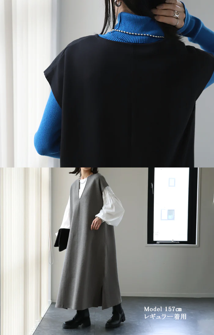 ワンピース 重ねてすっきり「レイヤード ワンピ」 体型カバー ロング ロングワンピ レイヤード レディース スリット フレンチスリーブ 半袖 二の腕カバー ロングワンピース Vネック ドロップショルダー 大きいサイズ 黒 春 夏 HUG.U - Image 31
