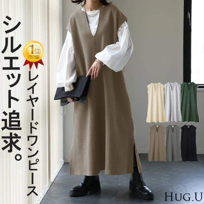 ワンピース 重ねてすっきり「レイヤード ワンピ」 体型カバー ロング ロングワンピ レイヤード レディース スリット フレンチスリーブ 半袖 二の腕カバー ロングワンピース Vネック ドロップショルダー 大きいサイズ 黒 春 夏 HUG.U - Image 7