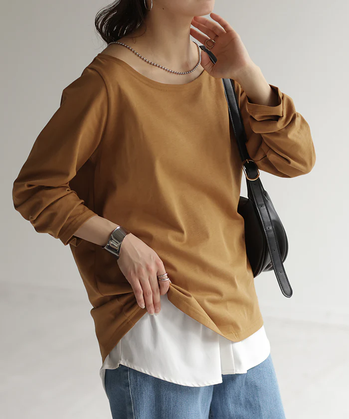 ロンT 「首元すっきり キレイ目 カットソー レディース ティーシャツ インナー 無地 長袖 Tシャツ ロング チュニック お尻が隠れる コンパクト ゆる トップス クルーネック 長い 大人 オフィス お洒落 ブラック 白 春 夏 HUG.U メール便 - Image 29