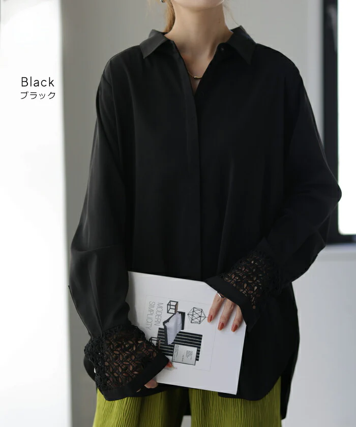 数センチのお洒落。「レース袖口」 シャツ レース ■一部7月中旬入荷 袖 トップス レディース レイヤード チュニック シフォン ブラウス レースインナー 羽織 長袖 大きいサイズ 体型カバー ロングシャツ ロング お尻が隠れる きれいめ 無地 重ね着 白 黒 春 夏 HUG.U メール便 - Image 13