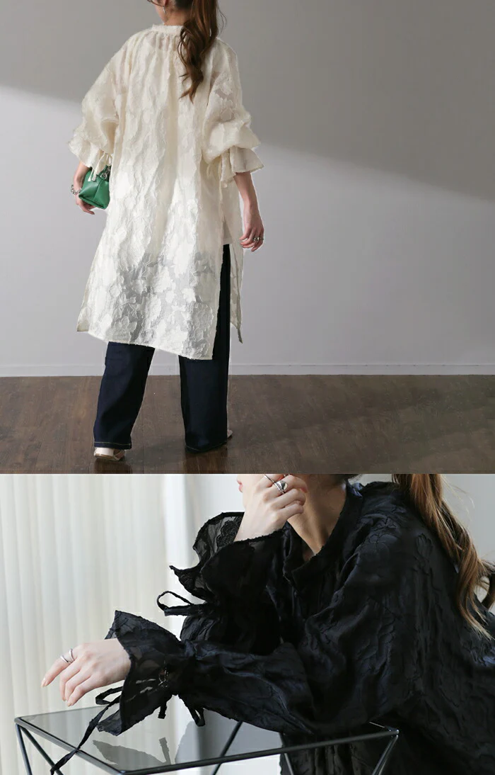 チュニック ワンピース 『 甘すぎない、大人シアー 』 ジャガード ワンピ レディース シャツ ロングシャツ シャツワンピース ノーカラー 花柄 ロング レース シアー シースルー 体型カバー きれいめ 羽織 大きいサイズ ブラック 黒 白 春 夏 HUG.U - Image 20