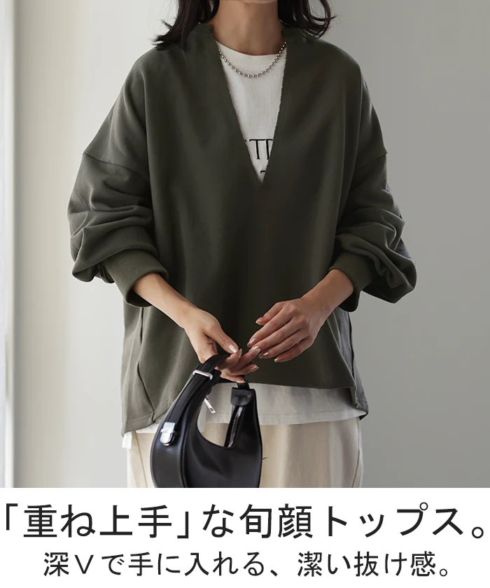 か・た・ち「深V スウェット」 体型カバー レディース トレーナー トップス レイヤード チュニック 大きいサイズ Vネック ドロップショルダー スエット プルオーバー ロング キーネック ビッグシルエット ぽわん袖 長袖 黒 春 夏 HUG.U - Image 2