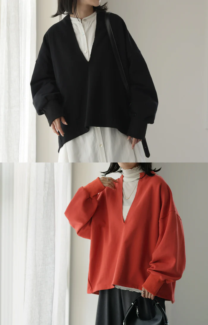 か・た・ち「深V スウェット」 体型カバー レディース トレーナー トップス レイヤード チュニック 大きいサイズ Vネック ドロップショルダー スエット プルオーバー ロング キーネック ビッグシルエット ぽわん袖 長袖 黒 春 夏 HUG.U - Image 4