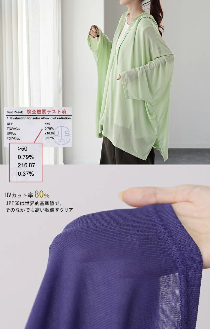 着る日焼け止め ポンチョ 『 UVカット 』 カーデ ■一部7月上旬入荷 薄手 カーディガン パーカー レディース 紫外線対策 海 自転車 アウトドア ロング 長袖 ケープ フーディー ライトアウター 羽織 シアー サマーニット きれいめ 体型カバー 大きいサイズ 春 夏 黒 HUG.U - Image 6
