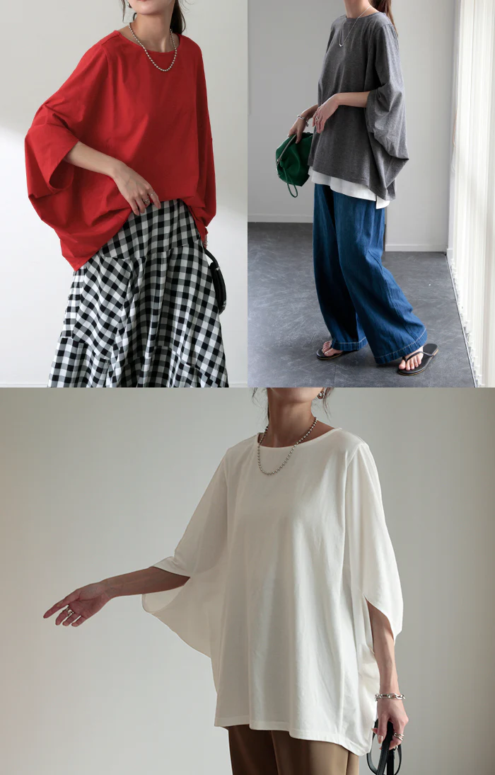 Tシャツ 『 ストンっと落ち感。』 体型カバー トップス 二の腕カバー レディース ドルマンスリーブ インナー ティーシャツ チュニック ビッグ プラスサイズ 半袖 大きいサイズ 長め ゆったり 変形シルエット ロング 白 お尻が隠れる 白 黒 春 夏 HUG.U メール便 - Image 16