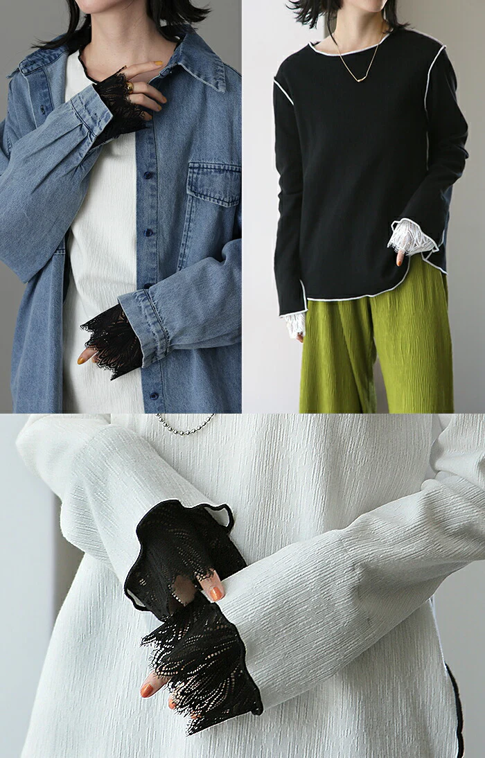 「忍ばせレース」 レース 袖 カットソー レースインナー トップス レイヤード レディース パイピング ロンT 長袖 Tシャツ カットソー インナー 無地 透け Uネック 体型カバー 重ね着 きれいめ 大きいサイズ ゆったり リブ 薄手 黒 白 春 夏 HUG.U - Image 22