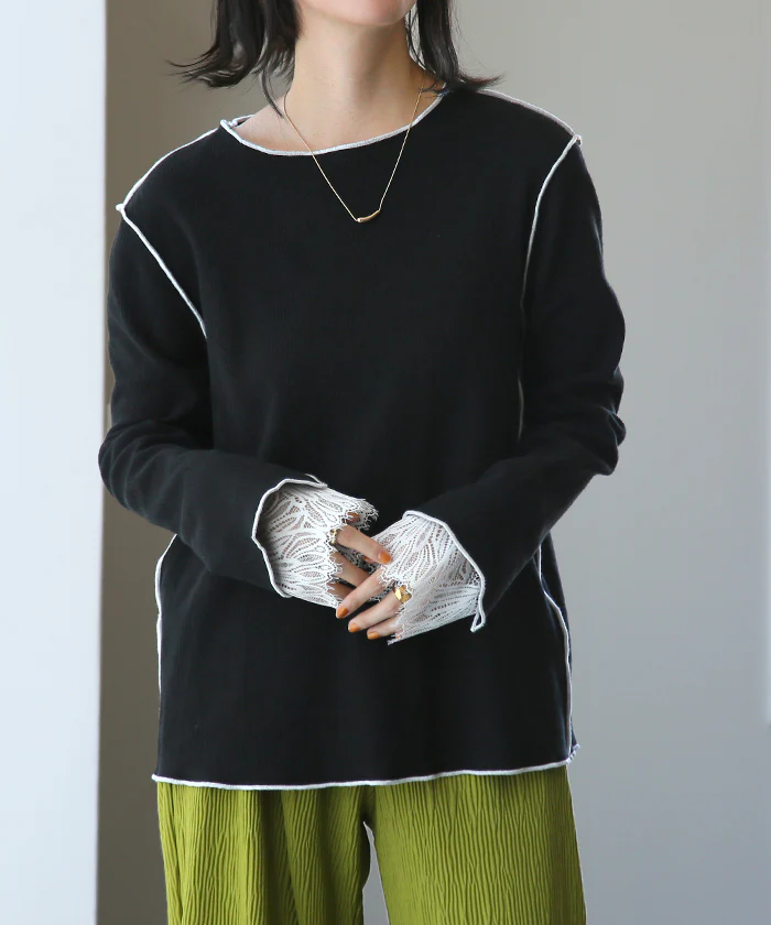 「忍ばせレース」 レース 袖 カットソー レースインナー トップス レイヤード レディース パイピング ロンT 長袖 Tシャツ カットソー インナー 無地 透け Uネック 体型カバー 重ね着 きれいめ 大きいサイズ ゆったり リブ 薄手 黒 白 春 夏 HUG.U - Image 26
