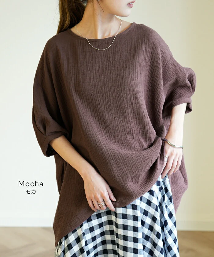 「ダ ブ ル ガーゼ」育てる Tシャツ 体型カバー トップス ナチュラル 二の腕カバー レディース ティーシャツ チュニック 綿 オーガニック ダブルガーゼ コットン 100% 半袖 おしゃれ 大きいサイズ ガーゼ 無地 お尻が隠れる 白 春 夏 HUG.U メール便 - Image 20