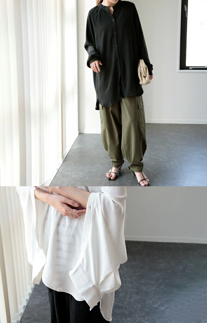 旬な シャツ 「袖開き デザイン」 とろみ レディース トップス ロング ロングシャツ ブラウス チュニック 袖ボタン シアー ノーカラー 体型カバー オーバーサイズ シボ感 シワになりにくい お尻が隠れる 長袖 羽織 大きいサイズ 白 春 夏 HUG.U - Image 27