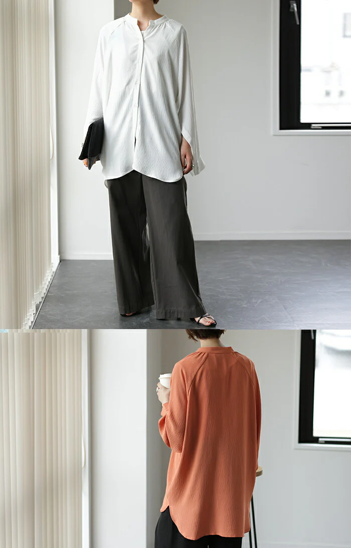 旬な シャツ 「袖開き デザイン」 とろみ レディース トップス ロング ロングシャツ ブラウス チュニック 袖ボタン シアー ノーカラー 体型カバー オーバーサイズ シボ感 シワになりにくい お尻が隠れる 長袖 羽織 大きいサイズ 白 春 夏 HUG.U - Image 8