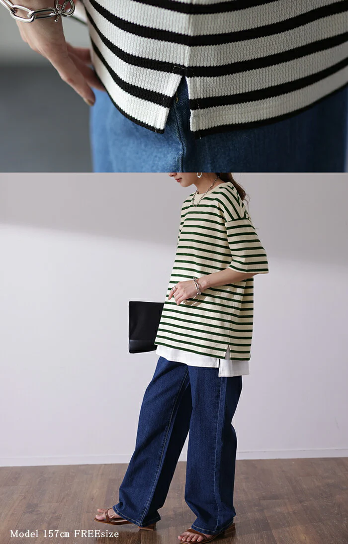 速乾 『 汗シミ 。気にせず吸収 』 ワッフル ■一部7月上旬入荷 Tシャツ ボーダー 体型カバー トップス レディース ボーダーT ティーシャツ ワッフルT サーマル リブ ドロップショルダー 半袖 二の腕カバー 大きいサイズ ゆったり 伸縮性 白 黒 厚手 白黒 春 夏 HUG.U メール便 - Image 20