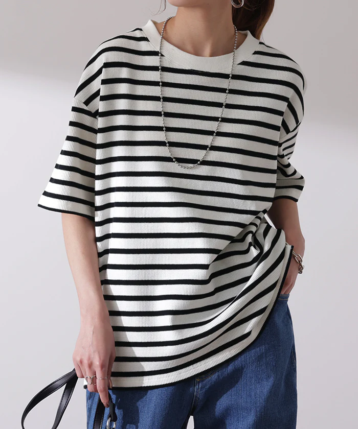 速乾 『 汗シミ 。気にせず吸収 』 ワッフル ■一部7月上旬入荷 Tシャツ ボーダー 体型カバー トップス レディース ボーダーT ティーシャツ ワッフルT サーマル リブ ドロップショルダー 半袖 二の腕カバー 大きいサイズ ゆったり 伸縮性 白 黒 厚手 白黒 春 夏 HUG.U メール便 - Image 27