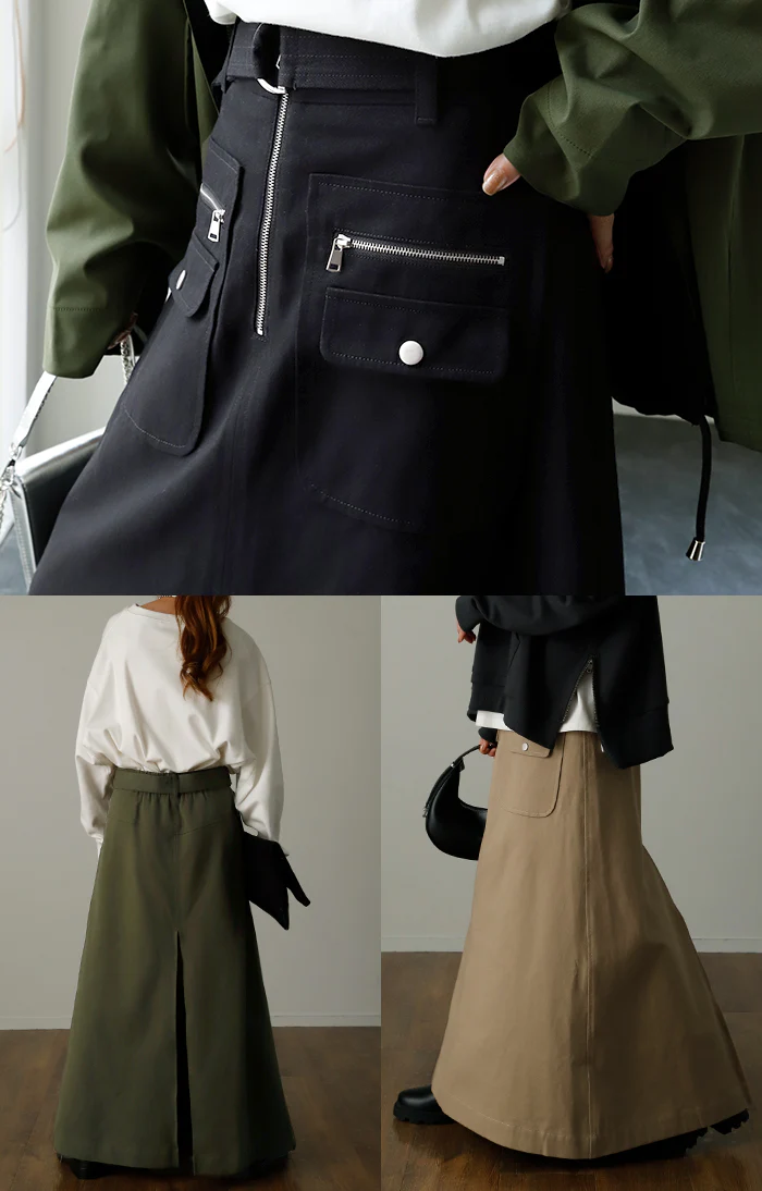 「普通は嫌。」 チノ スカート Aライン ポケット チノスカート Aラインスカート レディース ベルト ボトムス ロングスカート ロング マキシ ゴム ウエストゴム ジップ 大きいサイズ 無地 黒 ブラック 春 夏 ビジュアル系 HUG.U - Image 14