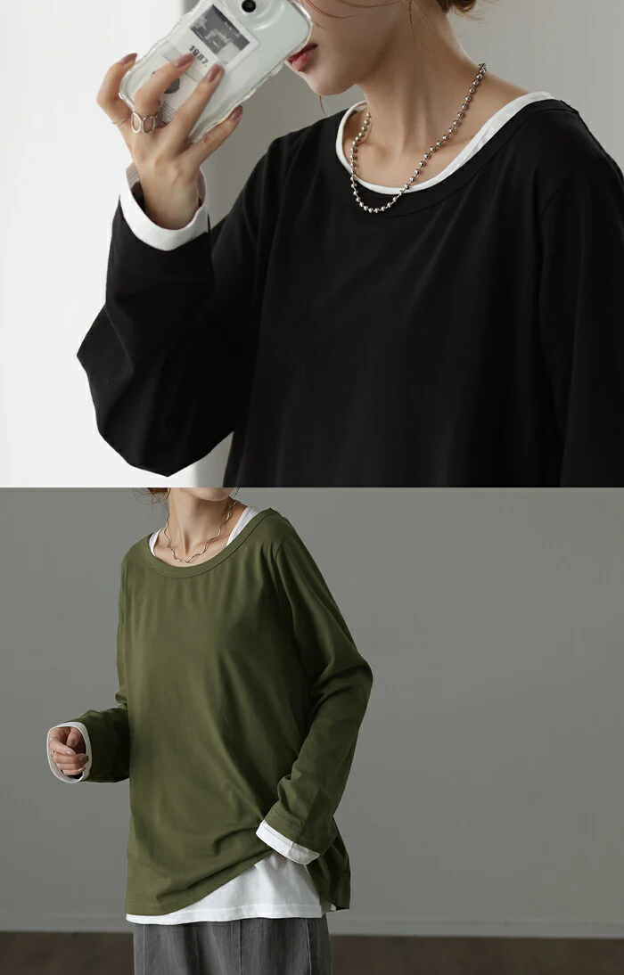 FAKE「ロンＴ タンク をIN。」 カットソー レディース ティーシャツ インナー 無地 長袖 Tシャツ ロング チュニック お尻が隠れる コンパクト ゆる トップス タンクトップ 配色 重ね着 ボートネック 長い 大人 お洒落 黒 白 春 夏 HUG.U メール便 - Image 3