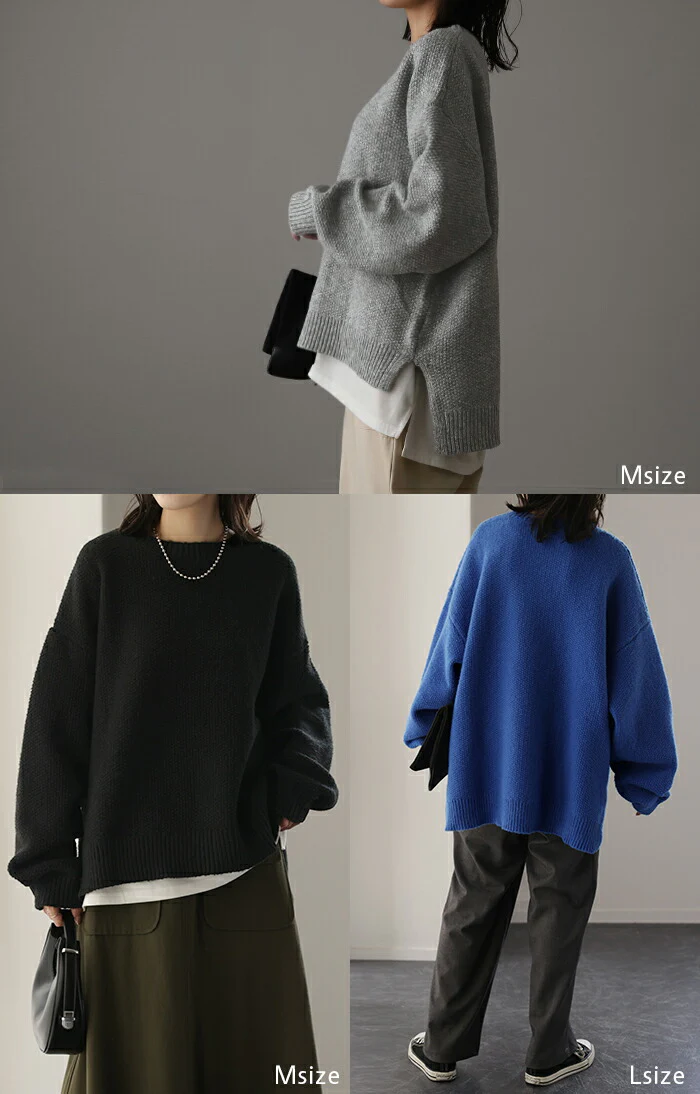 ざっくり 。「鹿のこニット」 ニット プルオーバー レディース セーター トップス 長袖 チクチクしない 肉厚 温かい 体型カバー ゆったり ボートネック 大きいサイズ 丸首 鹿のこ リブ 凸凹 無地 ナチュラル コクーン ブルー 春 夏 HUG.U - Image 7
