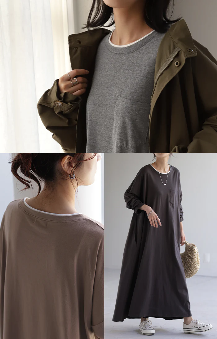 その1cm で変わる「重 ね 襟」ワンピース レイヤード レディース カットソー 長袖 ワンピ リブ Tシャツワンピース ロングワンピース ロングワンピ ロング Tシャツ ビッグ ロンT マキシワンピ 大きいサイズ フェイク 大人 体型カバー 春 夏 HUG.U - Image 23
