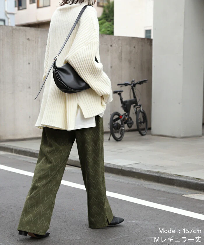 『 あったか 柄ボア 』 裏起毛 パンツ リブ リブパンツ ボトムス レディース ワイドパンツ ワイド ロング ボア ヘリンボーン 柄 お洒落 ゴム コーデュロイ スリット 裏ボア 暖か 極暖 厚手 ゆったり 大きいサイズ 黒 ブラック カーキ 春 夏 HUG.U - Image 17