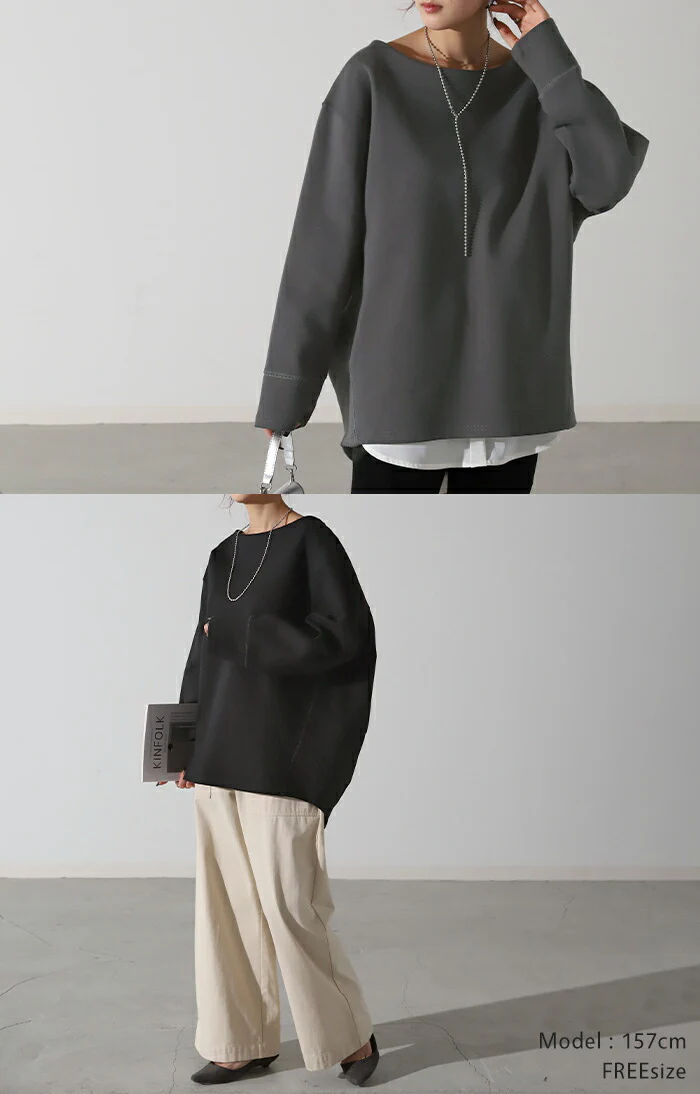 ロンT すっきり バックシャン カットソー レディース ティーシャツ 無地 長袖 Tシャツ ロング チュニック ビッグ ドルマン きれいめ ゆる トップス 切り替え Uネック 長い 体型カバー コクーン 大人 お洒落 大きいサイズ 厚手 グレー 黒 春 夏 HUG.U - Image 4