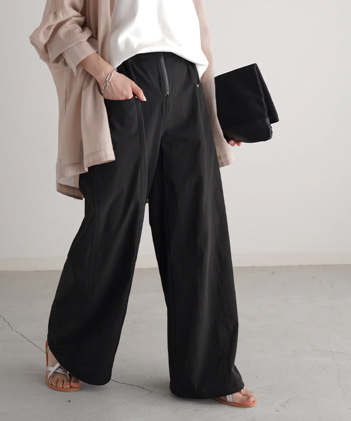パンツ カーゴパンツ ワイドパンツ レディース ボトムス カーゴ ワイド ゴム ロング ジョガーパンツ ワークパンツ ズボン ストレート ナイロン 風 パラシュートパンツ 薄手 無地 大きいサイズ 体型カバー 軽い ベージュ 黒 ブラック カーキ 春 夏 HUG.U - Image 26