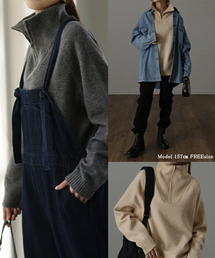 ニット 「小顔とハーフジップ」 ビッグカラー風 トップス レディース セーター タートルネック ハイネック オーバーサイズ プルオーバー ロング ドロップショルダー タートル ジップ ゆったり 大きいサイズ ブラック グリーン 春 夏 HUG.U - Image 17