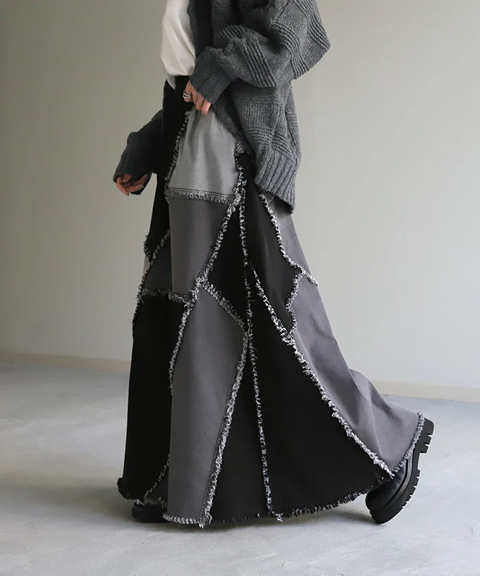 デニム 『 3色 フリンジ 切り替え 』 スカート デニムスカート ロングスカート ロング フレア Aライン Aラインスカート ボトムス パッチワーク おしゃれ マキシ マキシスカート フリンジスカート ゴム ゆる 体型カバー 伸縮性 大きいサイズ 春 夏 HUG.U - Image 10