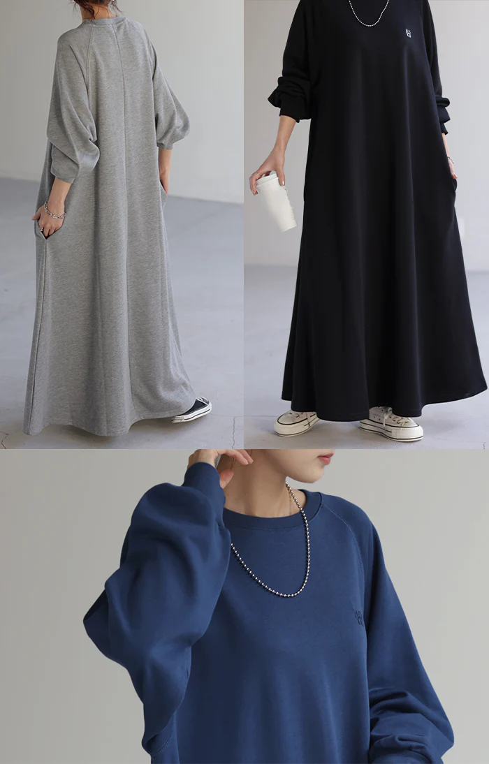「プチ刺繍 ロゴ」ワンピ Aライン ワンピース 刺繍 ロングワンピース レディース ロゴスウェット ロング ロングワンピ マキシ 長袖 スウェット スエット トレーナー 薄手 ワンポイント ぽわん袖 二の腕カバー ゆったり 大きいサイズ 春 夏 HUG.U - Image 15
