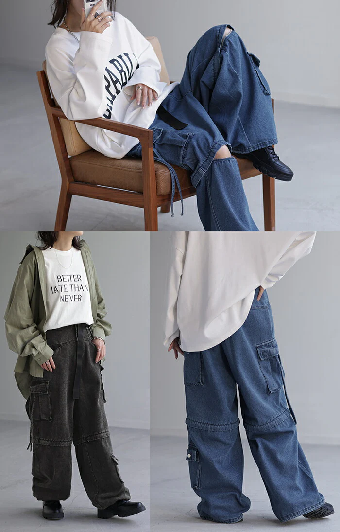ルーズ 「差別化 デニム」 マルチWAY デニムパンツ パンツ ハーフパンツ ワイドパンツ レディース ワイド ジーンズ ジーパン ボトム カーゴパンツ 体型カバー ボトムス ストレート ズボン ゆったり ユーズド風 ゴム 大きいサイズ ベルト 春 夏 HUG.U - Image 11